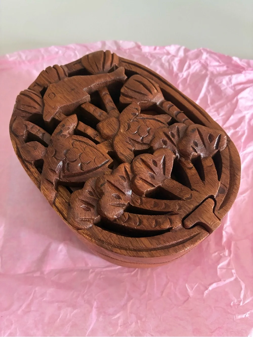 Hand-Carved Balinese Wood Keepsake Box – Turtles, Dolphins & Floral Design